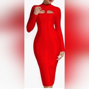 Women's Sexy Cut Out Long Sleeves Midi Bodycon Bandage Dress - Size Small